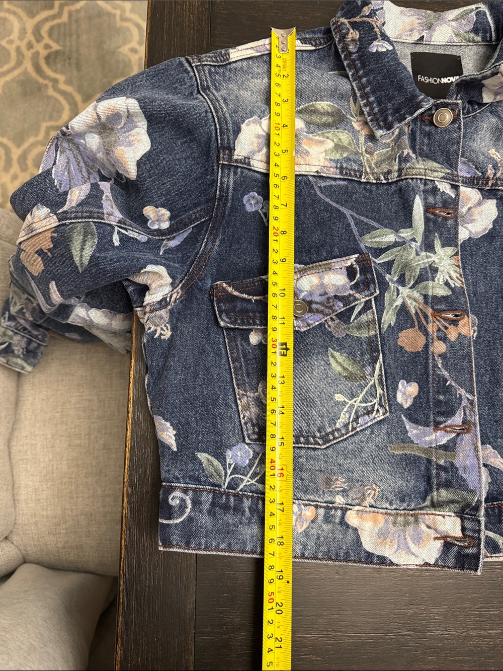 100% Cotton Floral Print Cropped Denim Jacket - Blue Barrel Sleeves NWOT - Picture 13 of 16